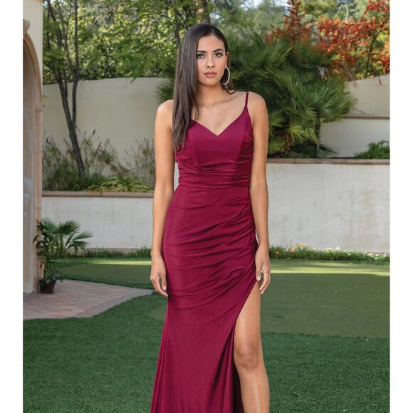 New Long Sheath Sleeveless Ruched Ceremonial Dress w/ Leg Slit & V-Neck DQ 4288 - Picture 7 of 9